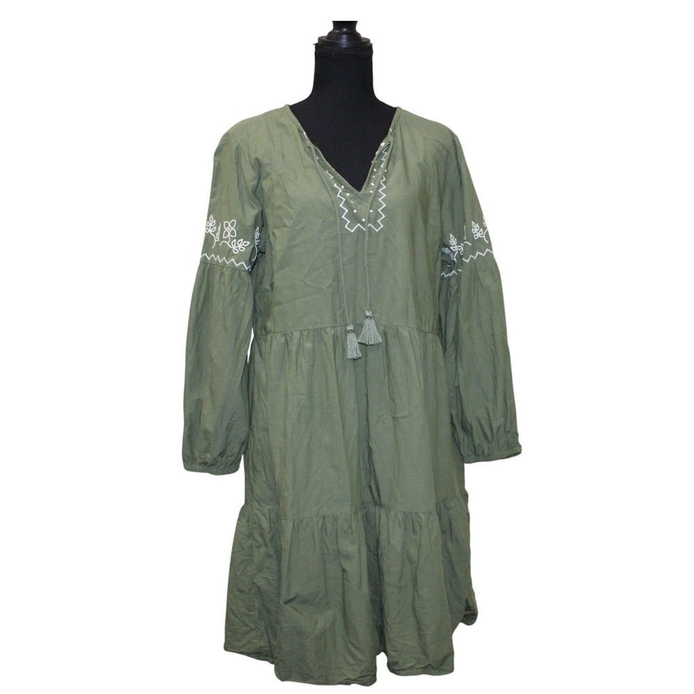 BeachLunchLounge Embroidered Boho Dress Womens Olive Green Peasant Tassel Cotton